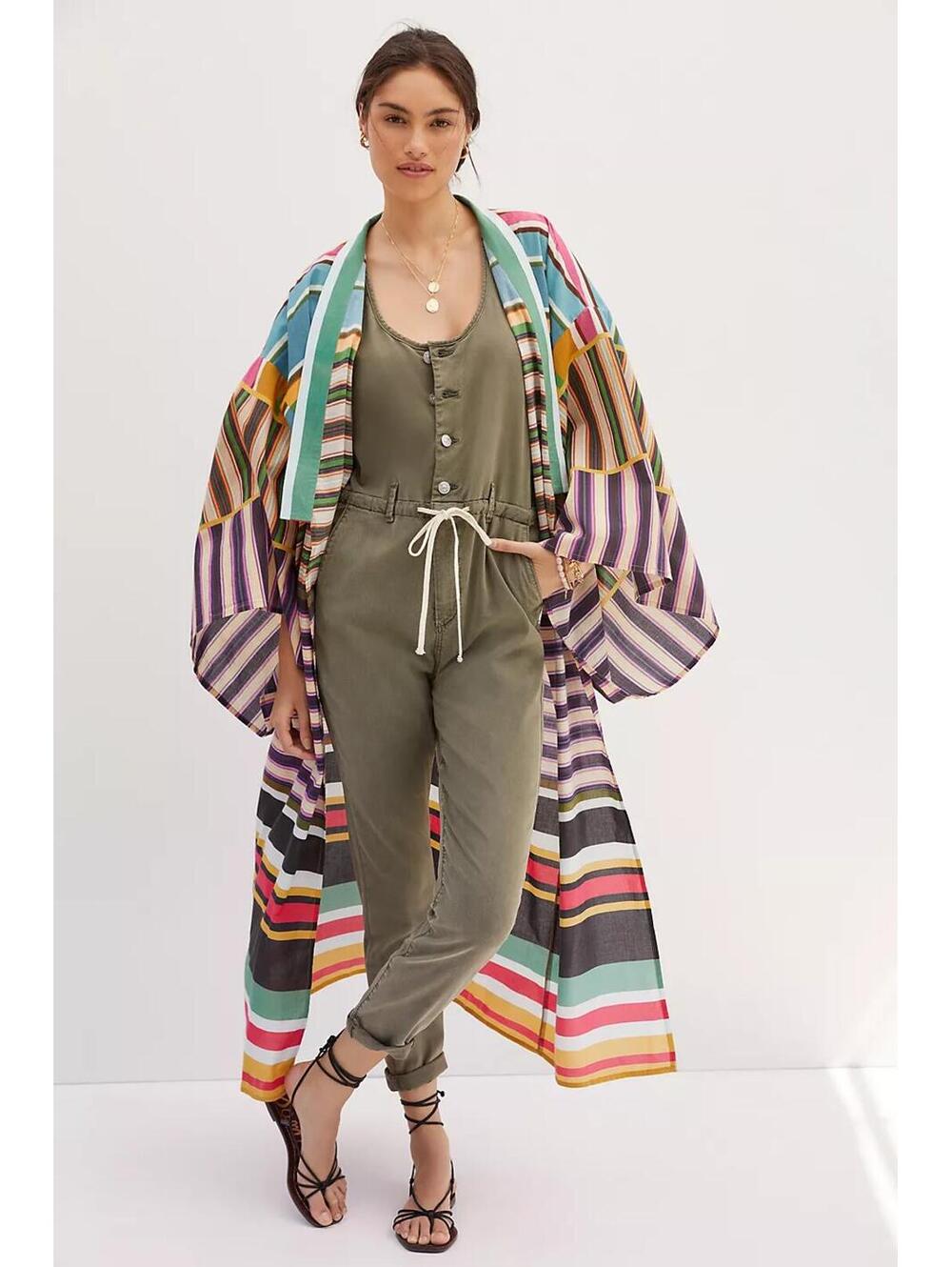Anthropologie Conditions Apply Striped Cover Up Maxi Kimono Duster OS Boho